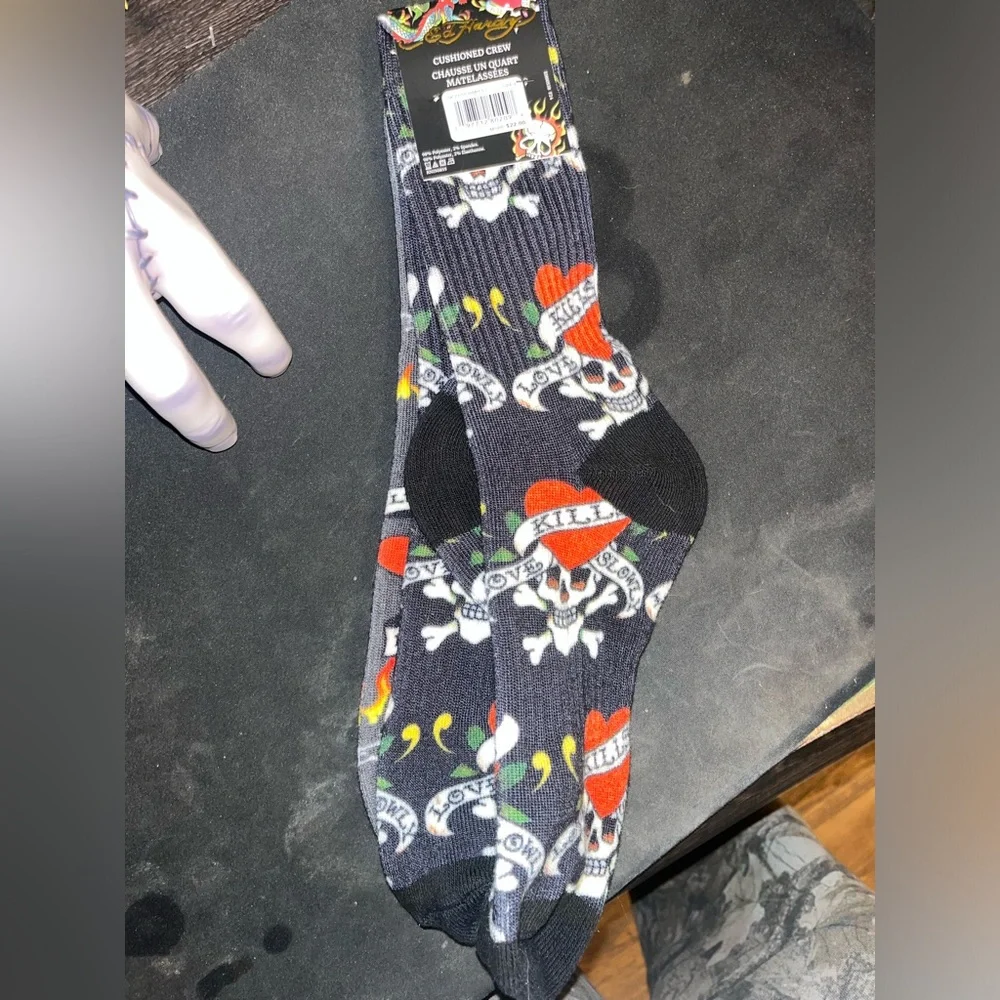 Ed Hardy Gray Crew Socks with Skull, Red Heart & Flame Graphics